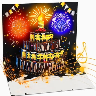 3D Fly-out Birthday Card Light Music Happy Birthday Glowing Greeting Card with Cake Design Interactive Birthday Card