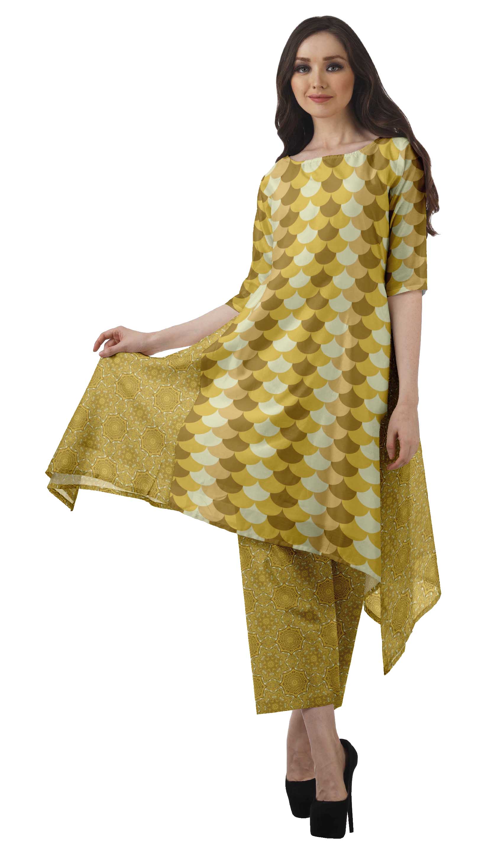 Moomaya Kurti Asymétrique avec Ensemble Pantalon Femmes Chanderi Imprimé Tenue de Fête Vêtements