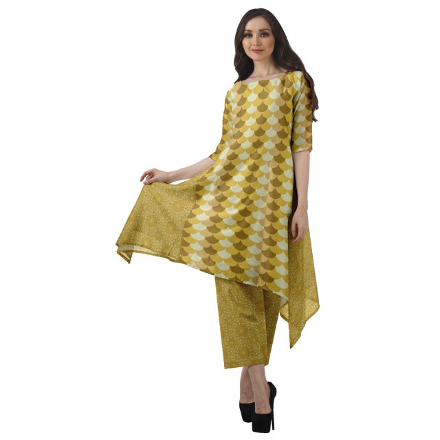 Moomaya Kurti Asymétrique avec Ensemble Pantalon Femmes Chanderi Imprimé Tenue de Fête Vêtements