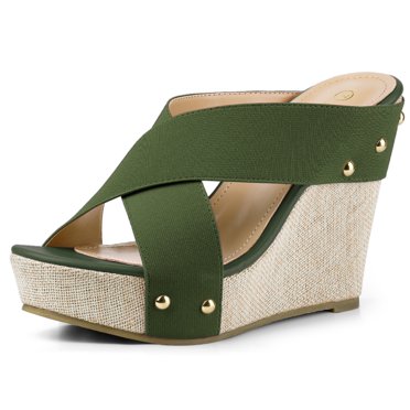 BLISSFUL STEP Sandales à Plateforme en Lin pour Femmes à Talon Compensé, Bout Ouvert, Brides Croisées, Vert Foncé 10