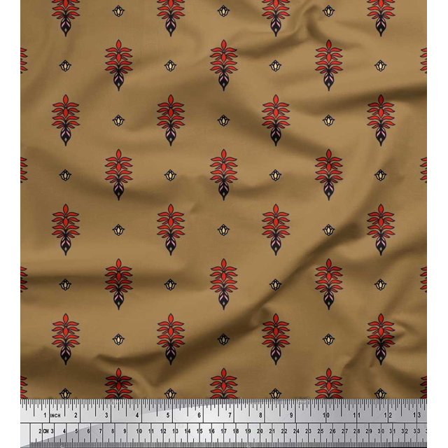 Soimoi Modal Satin Fabric Leaves & Floral Block Printed Fabric 1 Yard 42 Inch Wide