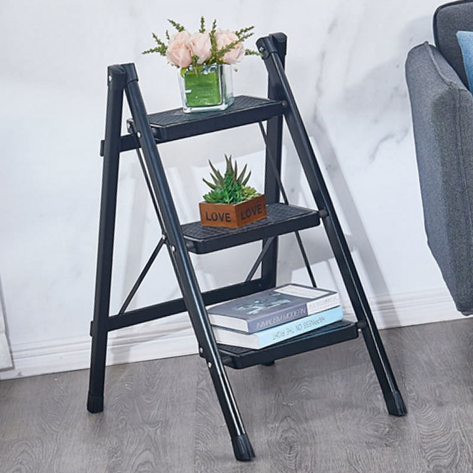 3 Step Ladder, Folding Step Stool With Wide Anti Slip Pedal, Convenient Handgrip, Lightweight For Household Garage Storage Black