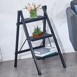 3 Step Ladder, Tabouret pliant Step avec large pédale antidérapante, poignée pratique, léger pour le rangement ménager Garage noir