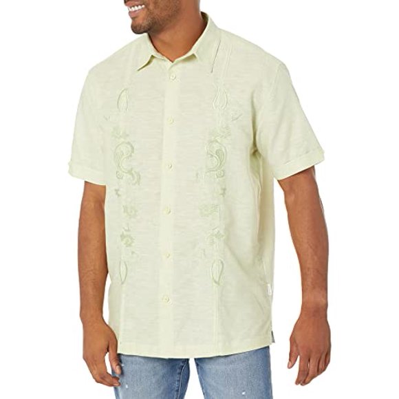 Cubavera Men's Paisley Embroidered Panel Linen-Blend Short Sleeve Button-Down Shirt, Margarita, XX-Large Big