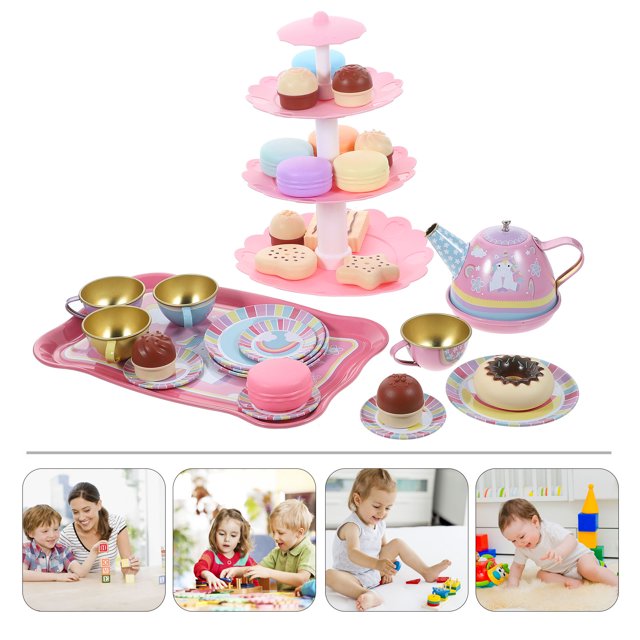 ORDDIART 17Piece Tin Tea Set Toys for Children Aged 3 and Above Miniature Simulation Pretend Play Props