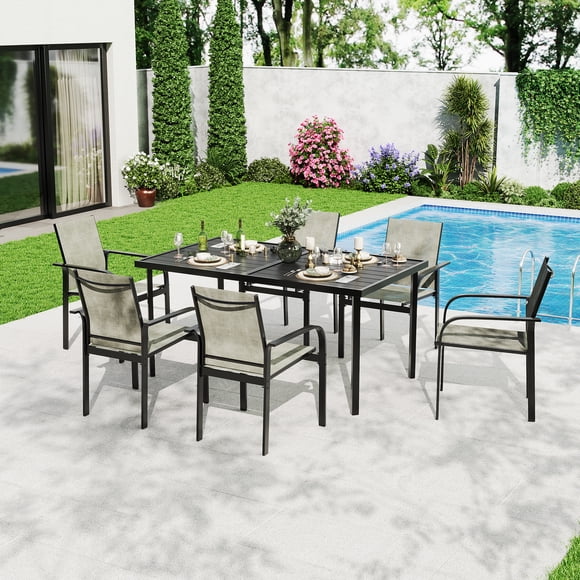 Ensemble de Salle à Manger pour Patio - Ensemble Extérieur 7 Pcs pour 6 avec Table Rectangulaire Noire et Tabourets en Textilène Beige, Cadre en Métal Moderne - Parfait pour Jardin, Cour Arrière, Terrasse