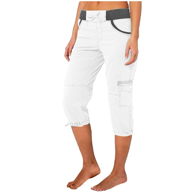 Cameland Pantalon Cargo de Randonnée pour Femmes en Coton, Taille Élastique, Pantacourt d'Extérieur à Bas Resserré, Pantalon de Sport avec Poches