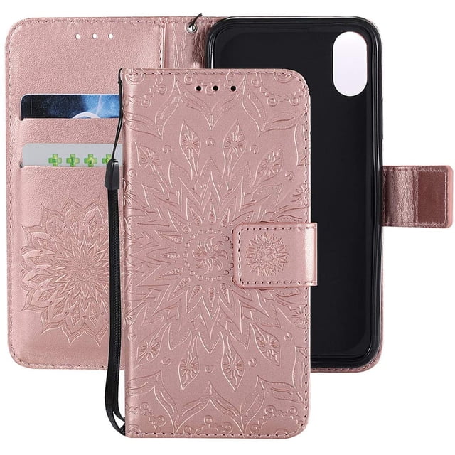 Wallet Case, Embossed Sunflower Premium PU Leather Folio Flip Kickstand Card Slots Wrist Strap Cover for Samsung Note10(Rose Gold)