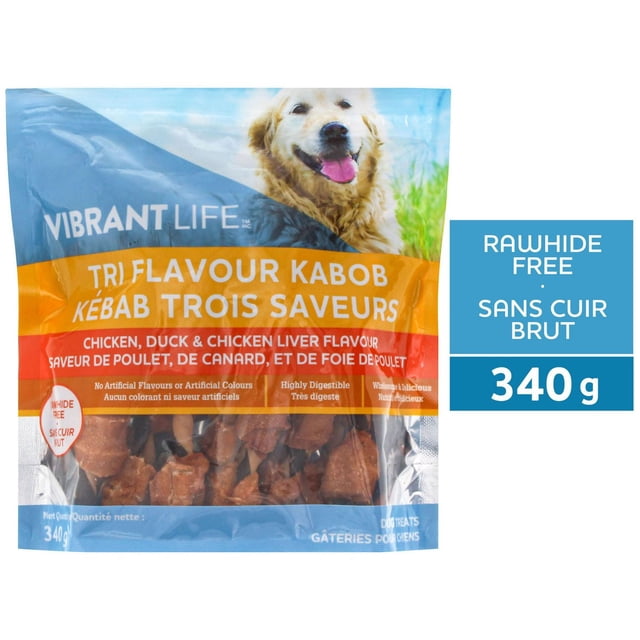 Vibrant Life Tri Flavour Kabob dog treats in resealable 340 g packaging, featuring chicken, duck, and chicken liver flavours, rawhide free and highly digestible, suitable as training treats or occasional rewards, with a smiling golden retriever on the package.
