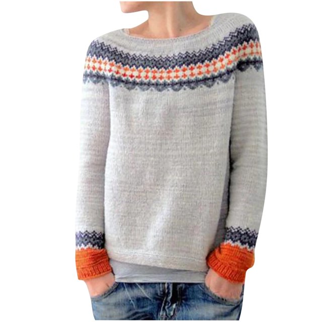 Yuyuzo Chandail d'Hiver pour Femmes Col Rond Manches Longues Imprimés Color Block Tricoté Côtelé Mode