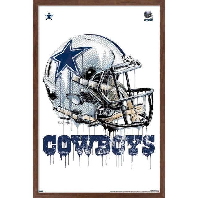 NFL Dallas Cowboys - Affiche Murale « Drip Helmet 20 », 22,375 Po x 34 Po Encadrée, Représentant un Casque de football Argenté avec un logo Étoile Bleu et un Effet de Peinture Goutte à Goutte au-Dessus d'Un Texte « Cowboys » Bleu Vieilli sur Fond Blanc, Encadrée en Bois. art Mural Idéal pour les Chambres, Bureaux Ou Dortoirs des Amateurs de Sport.
