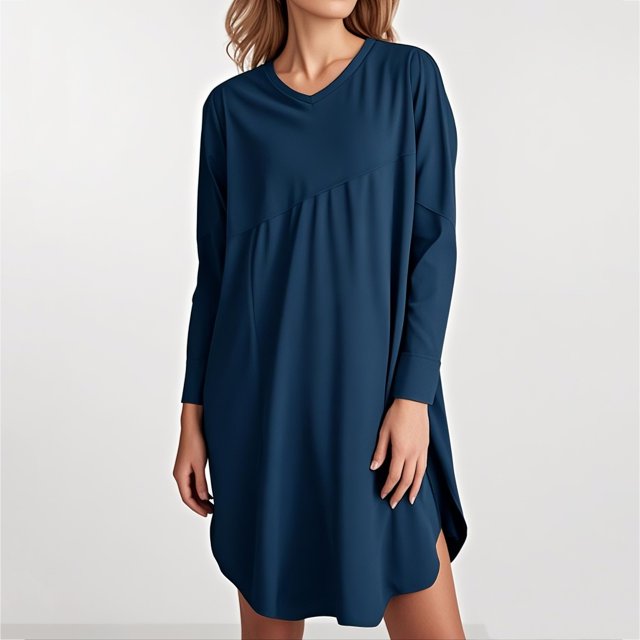 Ovzne Robes pour Femmes Robe Femme Couleur Unie Ample Décontractée Mode Robe à Manches Longues à Col en V Robe à Manches Longues à Col en V pour Femmes Robe de Printemps à Manches Longues Liquidation