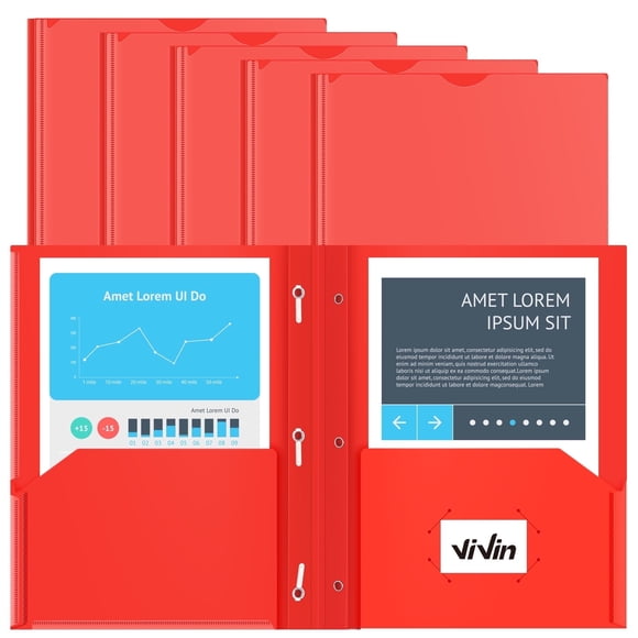 ViVin Heavy Duty Plastic Folders with Clear Front Pocket and 3 Prongs, 11.65" x 9.53" x 2.28" 10-Pack Red