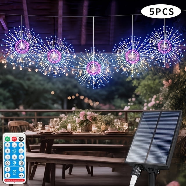 YOPTOP 5 Pcs 450LEDs Solar Starburst Sphere Light Firework Lights Remote Control Timer 8 Modes Dimmable Hanging Fairy Light Copper Wire Sparkly Lights For Patio Party Tent Christmas