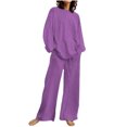 thumbnail image 2 of EGNMCR Women 2 Piece Linen Outfits Solid Color Long Sleeve Suit Drawstring Wide Leg Pants with Pockets Womens Lounge Sets, 2 of 7