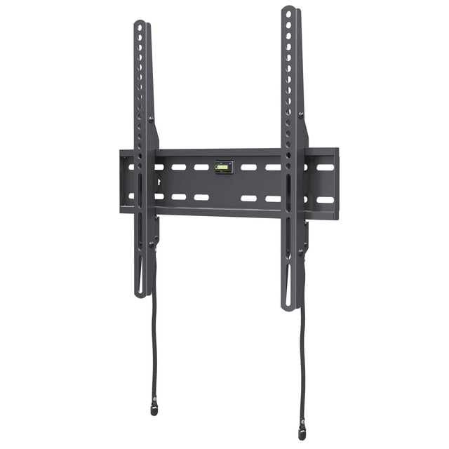 onn. 19 in.–50 in./48.26 cm–127 cm Fixed TV Wall Mount in matte black metal, front view showing slim profile with multiple VESA mounting holes, built-in bubble level on the horizontal bracket, and two pull cords for quick release, supporting TVs up to 50 lbs and positioning them 1.22 in from the wall, suitable for small spaces and easy 3-step installation.