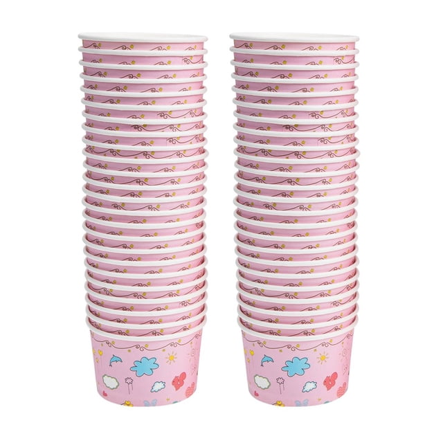 Paper Ice Cups Cream Yogurt Disposable Cup Bowls Bowl Dessert Sundaetubs Appetizerstreatsmall Containers Container. A set of stacked disposable paper cups with a pink design featuring colorful patterns such as clouds, butterflies, and flowers. Ideal for serving desserts, ice cream, salads, and appetizers at parties, cafeterias, or milk tea shops. Made of high-grade material, these disposable tableware items are secure and convenient for single use.