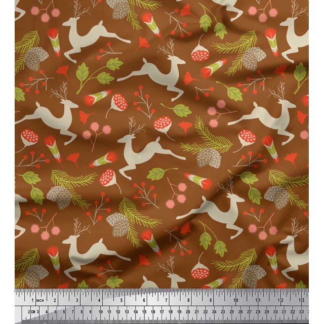 Soimoi Moss Georgette Fabric Leaves & Reindeer Animal Decor Fabric Printed Yard 42 Inch Wide