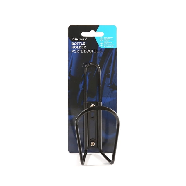 Porte-bouteille par PurAthletics sur Emballage Noir et Bleu, un Porte-Bouteille d'Eau de Vélo en Métal Noir Solide et Léger Qui Se Monte Facilement aux Cadres de Vélo, Offrant une Hydratation Sécuritaire et accessible aux Cyclistes.