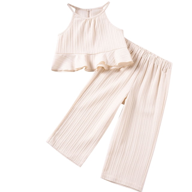 Plebaso Girls 2 Piece Outfits Summer Ruffle Cami Tops Loose Wide Leg Pants Kids Vacation Beach Clothes Set