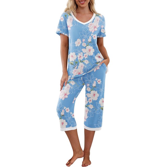 Gupgi Ensemble de Pyjama d'Été pour Femmes à la Maison, T-Shirts à Manches Courtes à Col en V et Pantalons Capri
