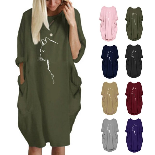 Womens Jumper Robe Surdimensionnée Imprimée Chat Manches Courtes Été Poche Chandail Mini Robes de Plage pour Femmes 2022