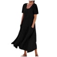 thumbnail image 2 of Meichang Robes en Coton et Lin pour Femmes Décontractées d'Été à Manches Courtes à Encolure Dégagée Robes Maxi Basiques Unies Évasées Robes Amples de Travail avec Poches Noir P, 2 of 5