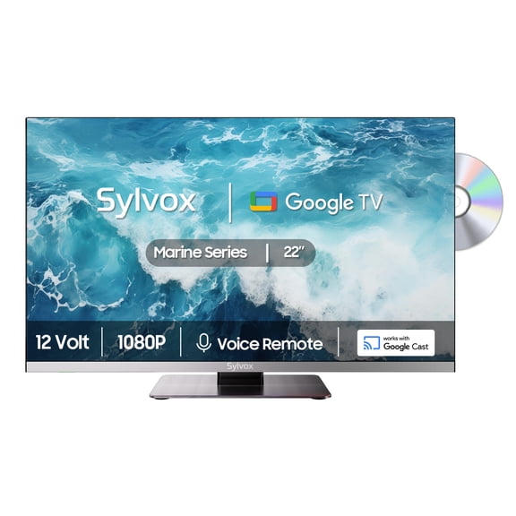 SYLVOX Téléviseur 12 Volts, Téléviseur Intelligent 22 Pouces avec Lecteur DVD, 1080P Plus Récent Google TV Prend en Charge le Téléchargement d'Applis avec l'Assistant Google, Téléviseur Alimenté CA/CC pour VR, Caravane, Bateau, Maison Côtière (Marine)