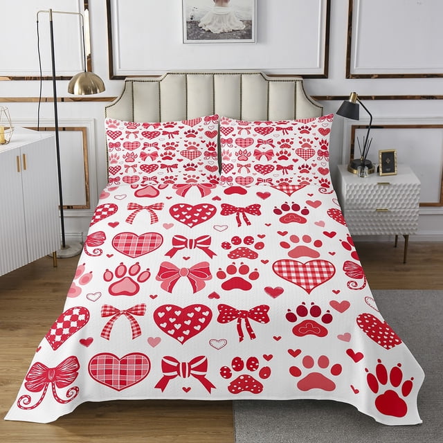 Erosebridal Princess Bowknot Coverlet Set King, Cartoon Heart Bedding Set, Animals Paw Decor 3pcs