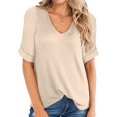 thumbnail image 1 of Women Waffle V Neck Rolled Short Sleeve Plain Knitwear Top, 1 of 3