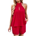 thumbnail image 1 of Mikilon Ensemble 2 Pcs Élégant pour Femme Mode Décontractée Couleur Unie Haut Sans Manches Short Ensemble Deux Pièces Haut/chemise Sans Manches à Col Rond à la Mode et Confortable Rouge P, 1 of 8