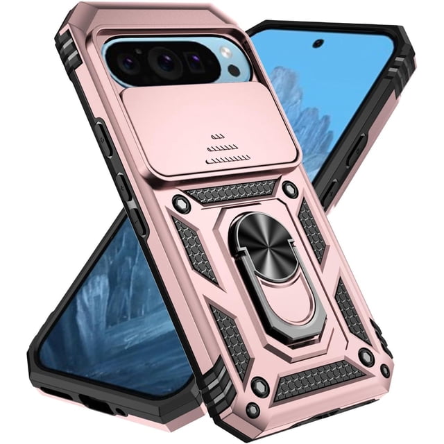 KOMI Designed for Google Pixel 9 Pro, Military-Grade Drop-Proof Case with Sliding Camera Cover and Ring Kickstand, Heavy Duty Shockproof Full Body Protective Phone Case, Rose Gold