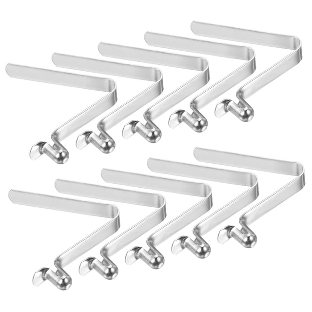 Unique Bargains 6.5x4mm Kayak Paddle Snaps, Hollow Button Single Pin Lock Tube Spring Clips for Tent Pole, 10 Pack. These silver manganese steel clips feature a nickel-plated surface for durability and rust resistance. Designed for locking round and square pipes, they are suitable for camping tents, kayaking, rowing, and more. Each clip measures 26 x 5 x 0.5 mm with a push button size of 6.5 x 4 mm. The pack includes 10 spring clips.