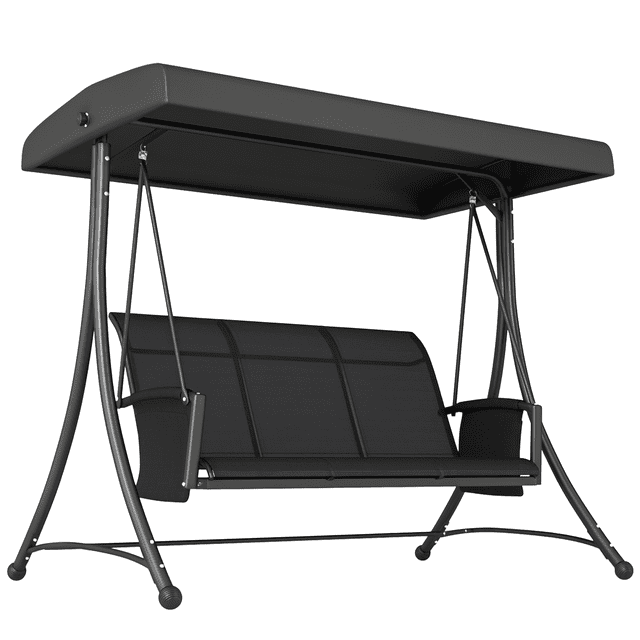 Outsunny Chaise Porch Swing d'Extérieur pour 3 Personnes avec Auvent Ajustable en Noir. Conçue pour patios, porches et Jardins, Elle Présente un Cadre durable en Acier et Aluminium Pouvant Supporter jusqu'à 660 Lb, Trois Sièges en Maille Ventilés pour le Confort et un Nettoyage Facile, et un Auvent Ajustable pour l'Ombre. Comprend des Patins Antidérapants, Deux Sacs de Rangement pour Magazines, et Est Facile à Assembler.