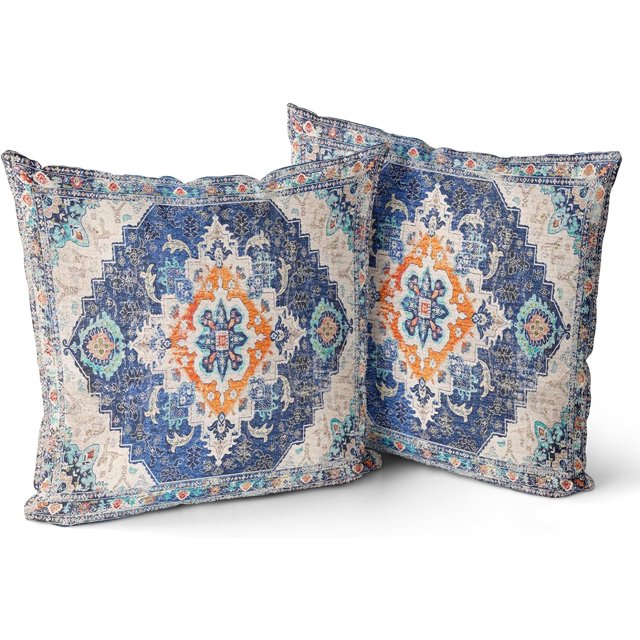 Blue Boho Throw Pillow Covers Set of 2 Monaco Rug Carpet Double Sided Pattern Cotton Soft Pillow Case Cushion Cover Pillowcase for Garden Couch Sofa Bed Decorative 18x18 inch