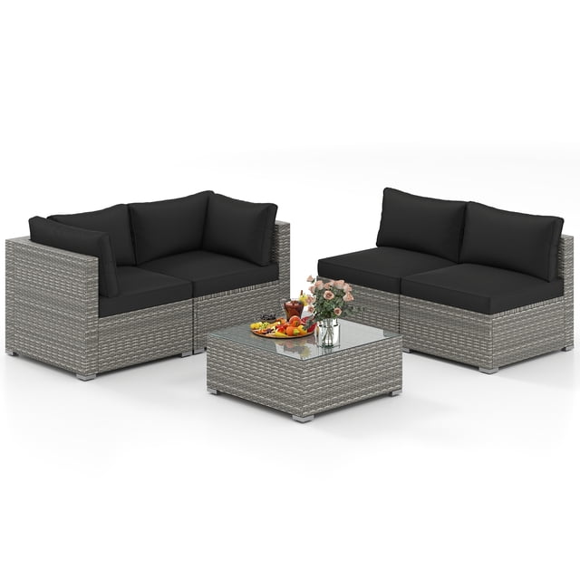 Gymax 5PCS Patio Sectional Sofa Couch PE Rattan Conversation Set Outdoor Black, including a tempered glass coffee table and four rattan chairs with black cushions. Designed with durable PE rattan and metal, this outdoor sectional is ideal for patios, yards, poolside areas, and porches.