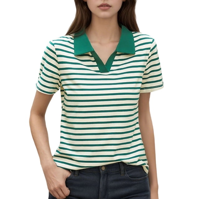 Fgnfyis T-Shirt à Manches Courtes Rayé pour Femme, Col Rond Décontracté, Haut pour Usage Quotidien Printemps Été Automne, Blouse Confortable avec Design de Col Classique, Hauts pour Femmes Décontractés Vert TTG