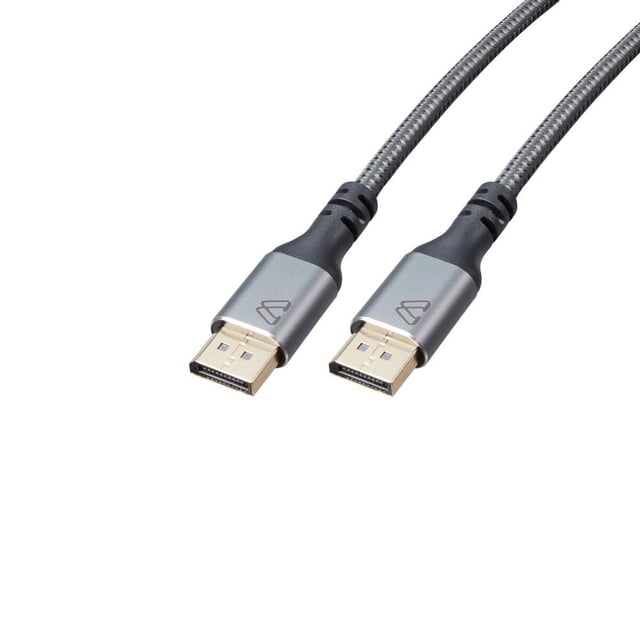 BlueDiamond PRO DisplayPort 8K Cable with grey braided sleeve and aluminum housing, featuring gold-plated DisplayPort 1.4 connectors supporting 32.4Gbps bandwidth for 8K at 60Hz and 4K at 144Hz, compatible with HDR devices and designed for low EMI, suitable for high-resolution computer and AV setups.