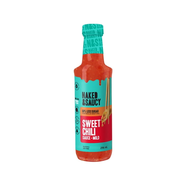 Naked & Saucy Low Sugar Sweet Chili Sauce, 296mL bottle with turquoise and red label showing 68% less sugar, gluten and soy free, mild flavor, and chopsticks holding a dumpling dripping sauce, suitable for dipping, drizzling, or marinating.