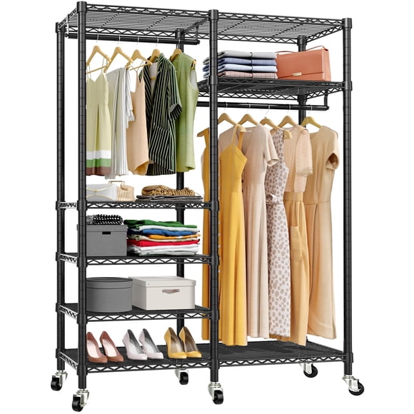 VIPEK R4 Rolling Garment Rack 6 Tiers Adjustable Heavy Duty Wire Shelving Clothes Rack with Double Rods and Lockable Wheels, Freestanding Wardrobe Closet Storage Rack Metal Clothing Rack, Black