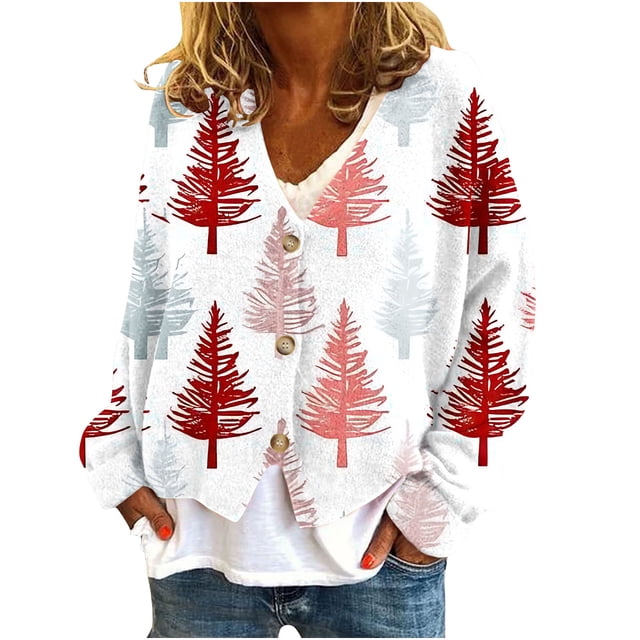 Vestes Funicet pour Femmes, Cardigan pour Femmes, Cardigan Décontracté pour Femmes à Boutons Imprimé de Noël Veste Mode Haut, Hauts pour Femmes Décontractés d'Été, Hauts de Noël pour Femmes
