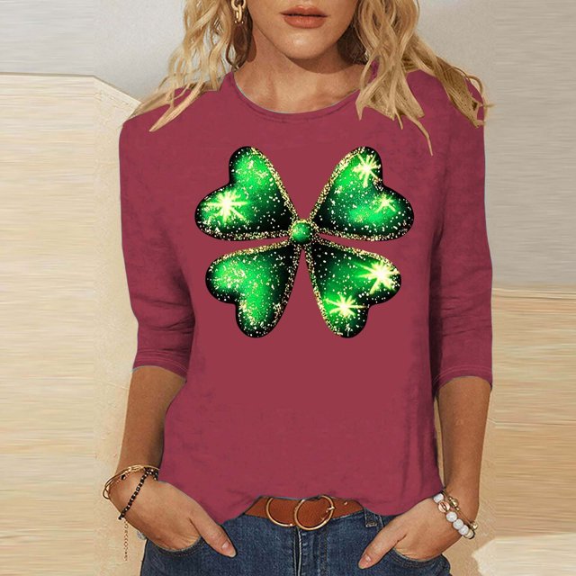 Elvqul T-Shirts pour Femmes à Manches 3/4 Mode T-Shirts de la Saint-Patrick Imprimé Col Ras du Cou Vert Chandails à Enfiler Hauts pour Femmes Grande Taille