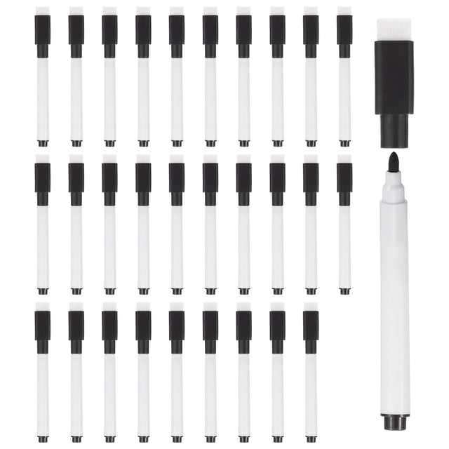 Unique Bargains Marqueurs Effaçables à Sec avec Capuchon Effaceur, Pointe Fine, Noir, 30 Unités, Lot de 30. Ces Marqueurs Comportent un Baril Blanc avec Capuchons Noirs et Embouts Effaceur, Arrangés Soigneusement dans une Grille. Idéal pour les Bureaux, les Salles de Classe et les Maisons, Ils Utilisent une Encre à Base d'Eau à Faible Odeur pour une Écriture Fluide sur des Tableaux Blancs, du Verre et d'Autres surfaces Lisses. la Pointe en Fibre Assure la Durabilité et la Précision. Souvent Utilisés pour Créer des Rappels Ou