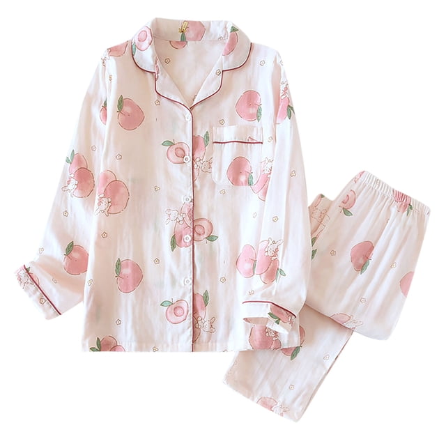 RKSTN Womens Pajama Sets Cotton Floral Printed Long Sleeve Buttons Tops and Long Pants Pajamas Set. The set features a white base with pink floral prints, a button-up top with a notched collar, and matching elastic waist pants. Made from lightweight cotton, it offers a relaxed fit suitable for lounging or sleeping. Ideal for casual homewear or as a gift.
