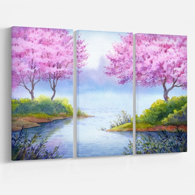 Design Art Impression sur Toile Arbres en Floraison au-Dessus du Lac, une Galerie de Triptyques Toile de Coton Enveloppée Art Mural Représentant des Arbres en Floraison Roses Aquarelle et des Arbustes Verts Près d'Un Lac Bleu Calme sous un Ciel Doux, Prêt à Accrocher avec Quincaillerie Incluse, Convient pour Rehausser la Déco de la Maison.