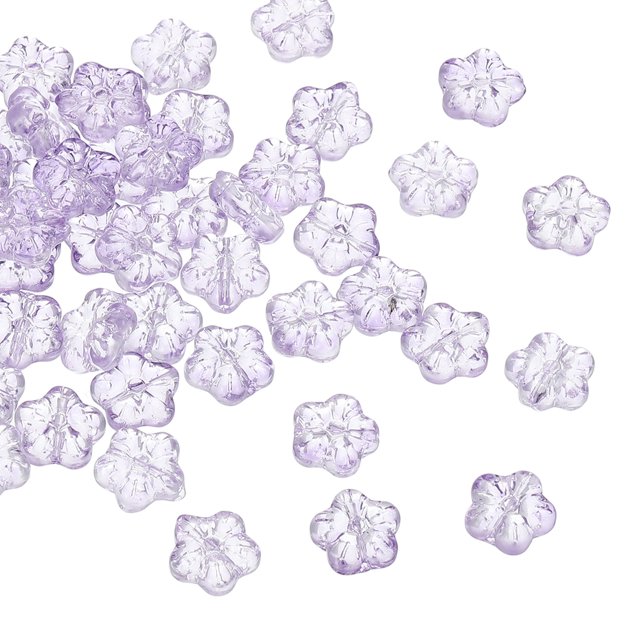 Random Glass Flower Beads Transparent Floral Beads Hibiscus Beads Purple 50Pack