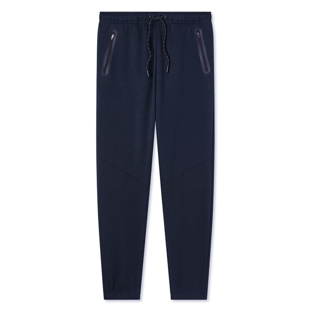 Athletic Works Pantalon de jogging en Molleton pour Homme, Bleu Marine Foncé, avec Taille Élastique et Cordon de Serrage, Deux Poches Zippées, accents de Coutures au Genou et Poignets Élastiqués, Fabriqué en Tricot de Molleton à Dos Brossé pour Chaleur et Confort, Convient au jogging Ou aux Tenues athleisure Décontractées.
