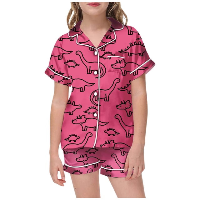 Hiiyo Little Girls Pajamas Dinosaur Print Button-Down Sleepwear Set, 2-Piece, Sizes 2-13T