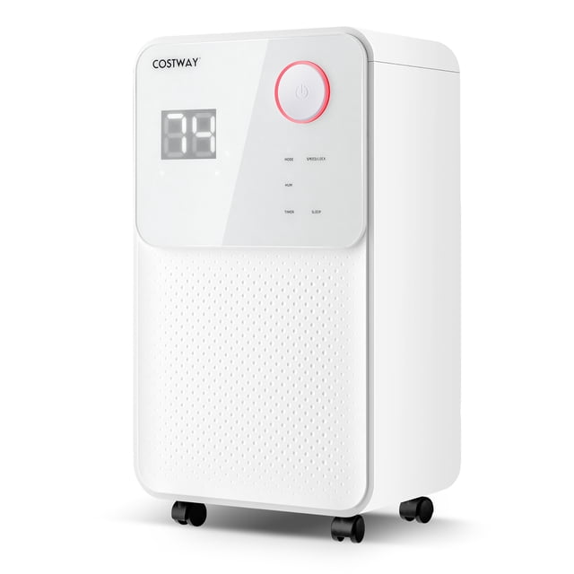 Costway 32 Pints 2000 Sq. Ft Dehumidifier for Home & Basements with a sleek white design, featuring a 3-color digital display and LED touch control panel. This compact dehumidifier includes 4 modes (auto sunny, auto rainy, continuous drying, and sleeping), 2 fan speeds, and a 24-hour timer. It can remove up to 32 pints of water per day and adjust humidity levels between 20% and 95%. Equipped with a child lock, auto-defrost, full water tank alarm, and washable filter, it ensures safety and convenience. The unit is portable with 4 rolling wheels and a built-in handle.