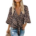 thumbnail image 1 of Women's V Neck Tops Ruffle 3/4 Sleeve Tie Knot Blouses Button Down Shirts - LEOPARD, 1 of 3